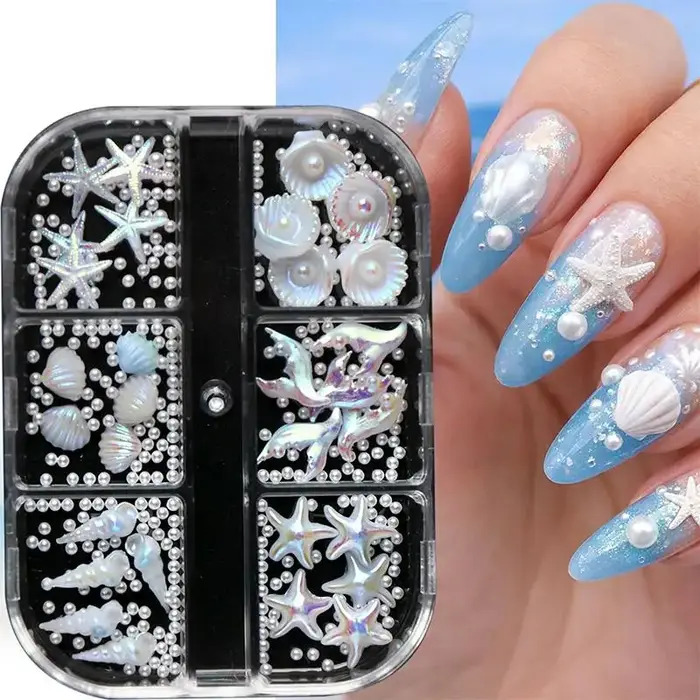 Breloques pour ongles DIY, 6 panneaux, coquillages nacrés, étoiles de mer blanches, design perlé, décorations pour ongles pour les techniciennes professionnelles en manucure