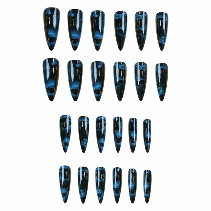 24 pièces bleu foncé papillon Y2k faux ongles épicés filles dégradé français pointu