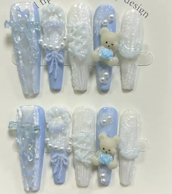 10 pièces mignon rose bleu Lolita français dentelle à la main presse sur les ongles 3D ours en peluche arc perle faux