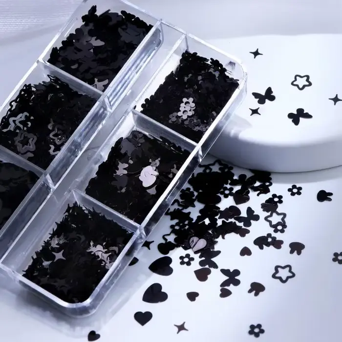 6 grilles noir en forme de coeur papillon étoile ongles Paillettes décor mixte manucure flocons