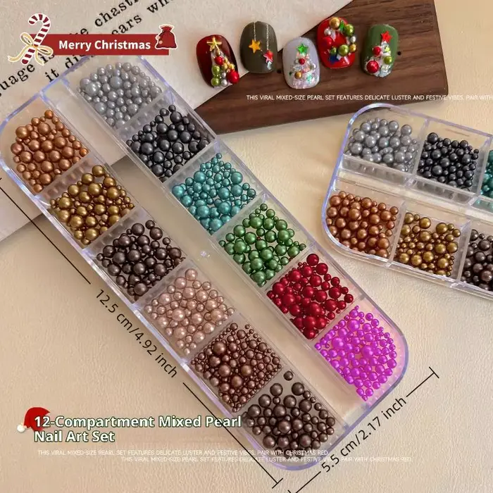 Mélange de perles rondes colorées stéréoscopiques, 12 grilles, décoration des ongles, strass, breloq