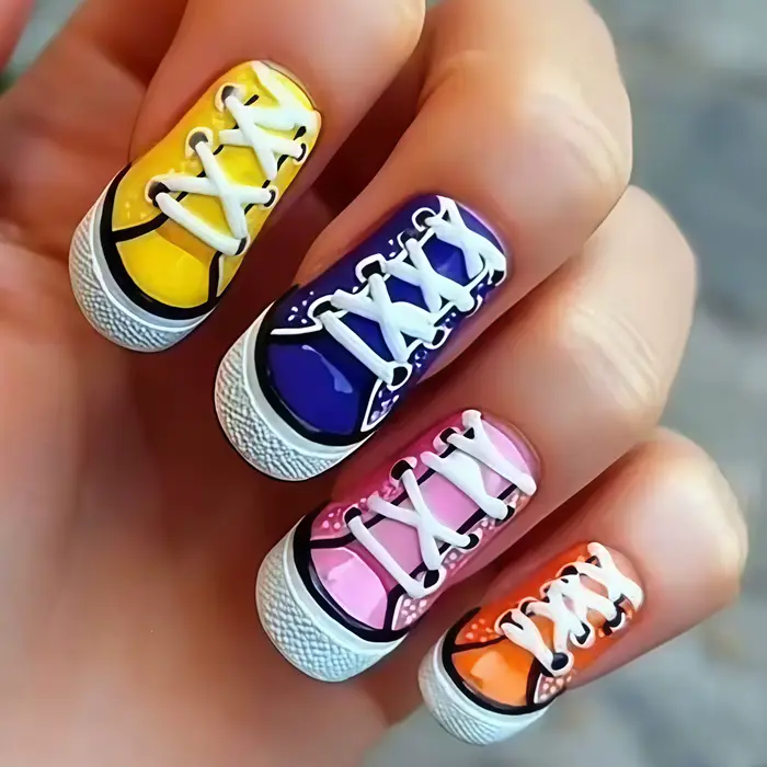 24 faux ongles à presser en blanc, noir, jaune et bleu, avec motifs style chaussure en toile et desi