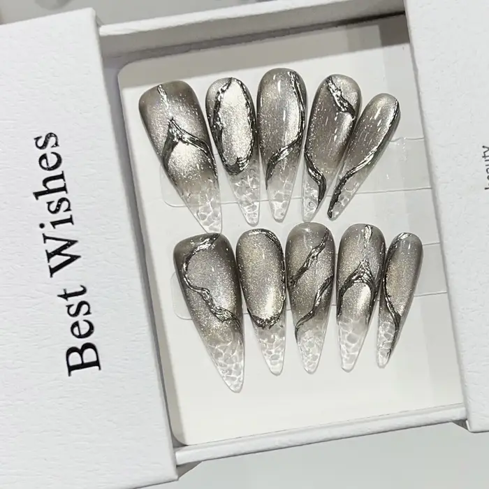 10 pièces Halloween faux ongles réutilisable longue pointe noir craquelé oeil de chat Style Punk argent