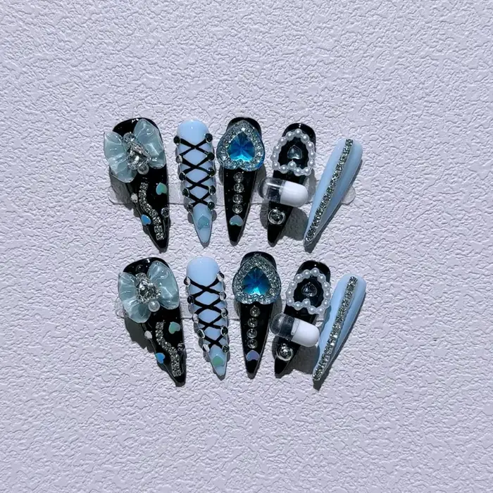 Long Stiletto souhaits on Fake N64.Blue Coussins Diamond Bow Decoration