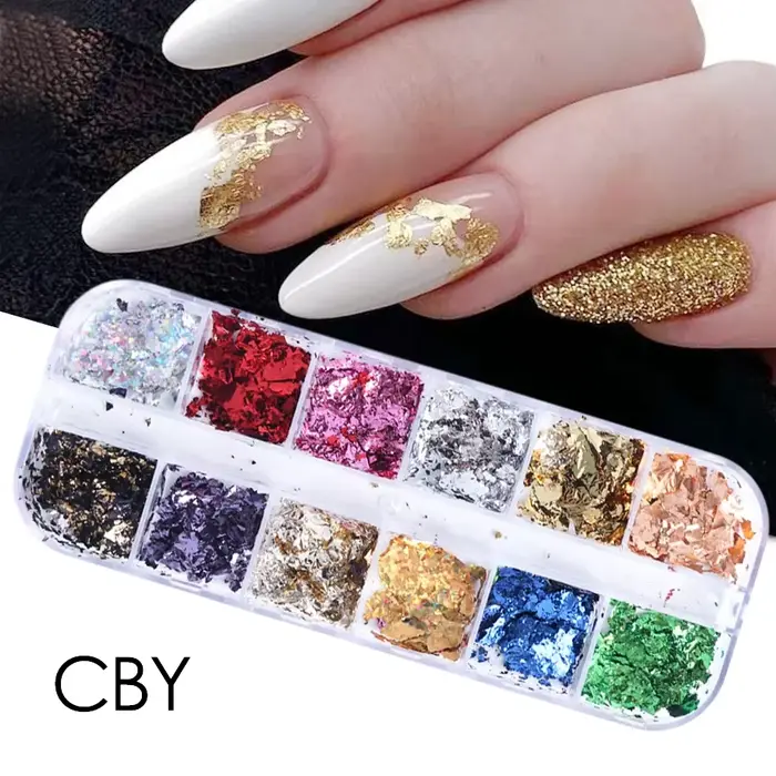 Feuilles d'or pour ongles magnifiques, 12 couleurs, paillettes aléatoires, flocons d'aluminium, puce
