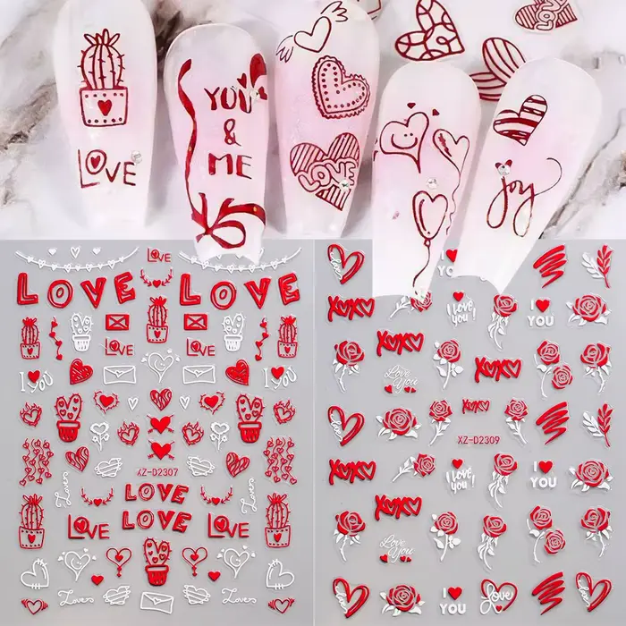 Ensemble d'autocollants pour ongles en forme de cœur rouge, saint-valentin, baiser 3D, lèvres rouges
