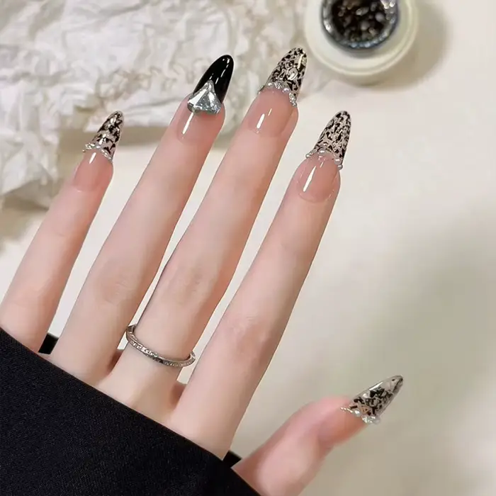 24 pièces noir français presse sur ongles blanc arc perle conception faux ongles patchs portable cor