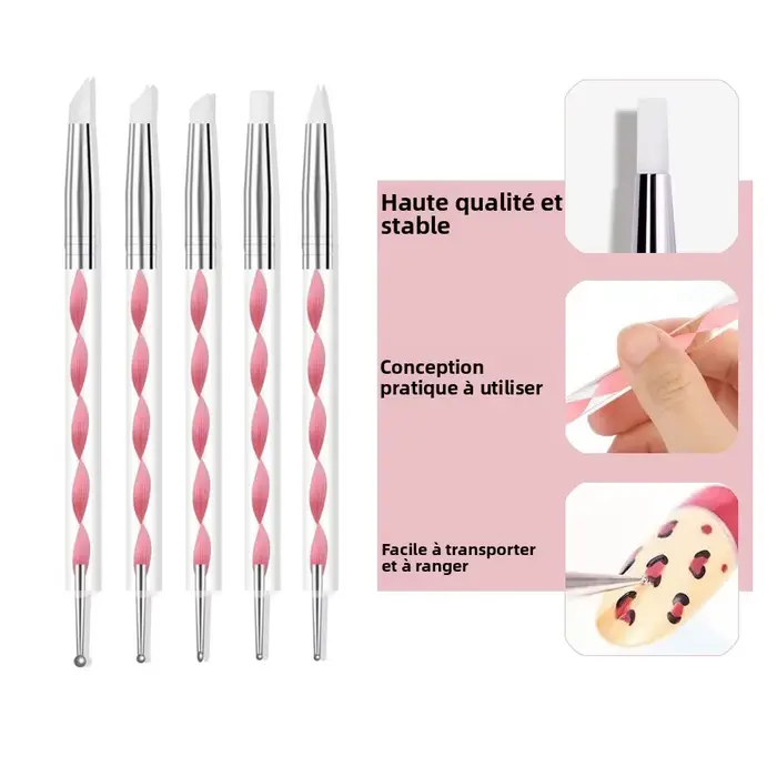 5 pièces 2 voies Nail Art acrylique Silicone pointe fleur stylo à ongles en acier inoxydable outils de pointage marbré peinture stylos