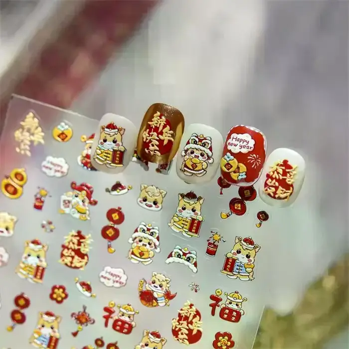 Mignon nouvel an chinois cheval année Lion danse arc Nail Art impression autocollants chanceux poney manucure décalcomanies festif en relief décor d'ongle