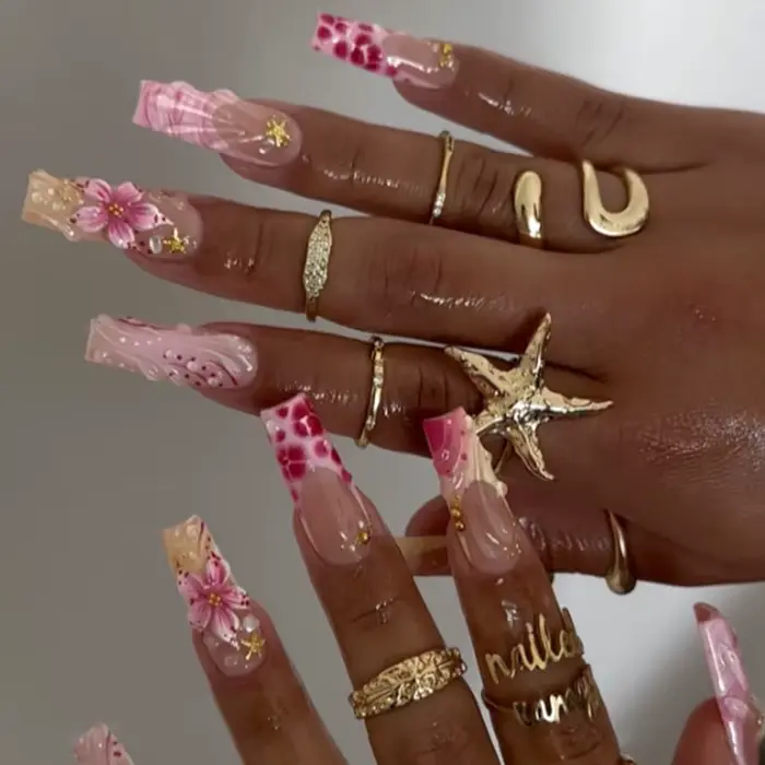 24 pièces rose imprimé léopard presse sur ongles carré faux