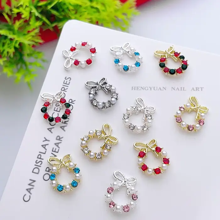 Couronne de noël de luxe pour Nail Art, breloques avec nœud rose, perle, diamant, alliage d'or et d'