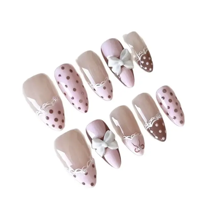 24 faux ongles en gel press-on rose doux, à pois bruns, nœud papillon blanc 3D, pour femmes et fille