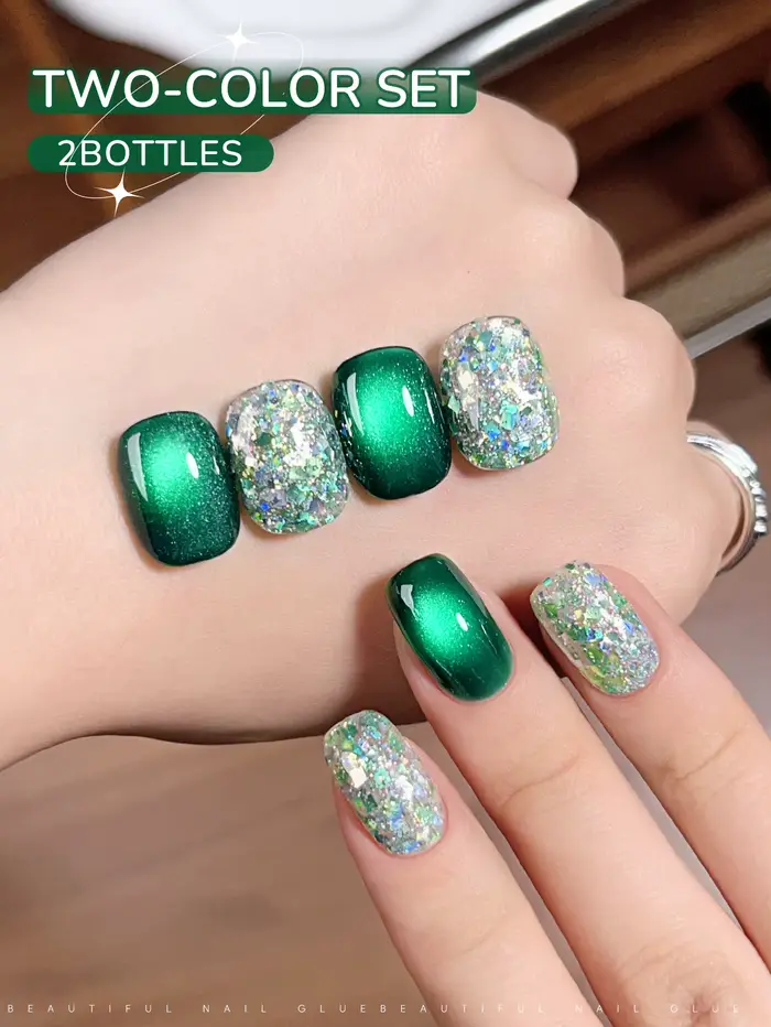 XEJAYI 2 pièces 15ml vert oeil de chat Gel vernis à ongles ensemble, UV LED trempage Gel à ongles, s
