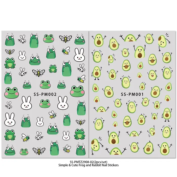 Autocollants pour ongles mignons en forme de grenouille de dessin animé et d'avocat