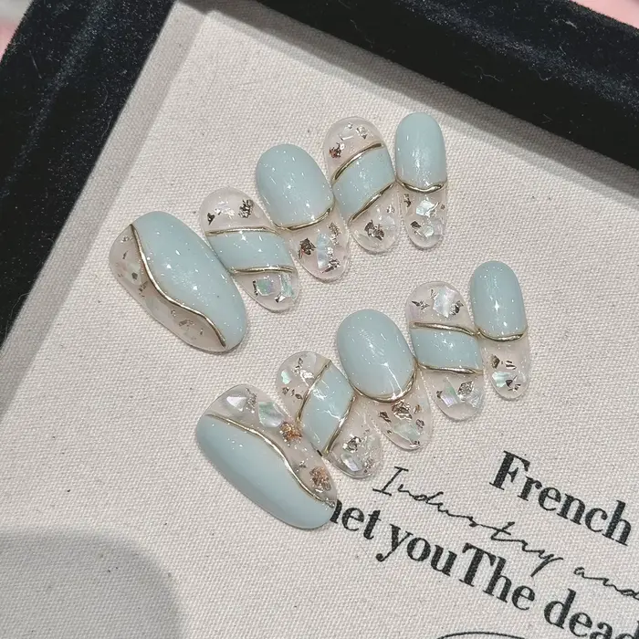 10 pièces Vintage faux ongles faits à la main glace Transparent menthe vert or bordure conceptions presse