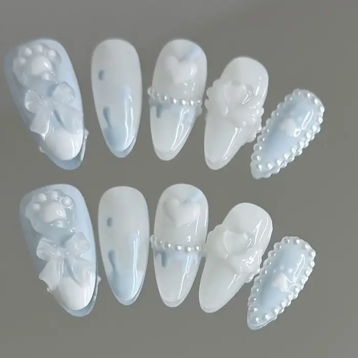Faux Ongles à Pression Fait à la Main, Design de Patte d'Ours Mignon, Bleu Clair, Couverture Complèt