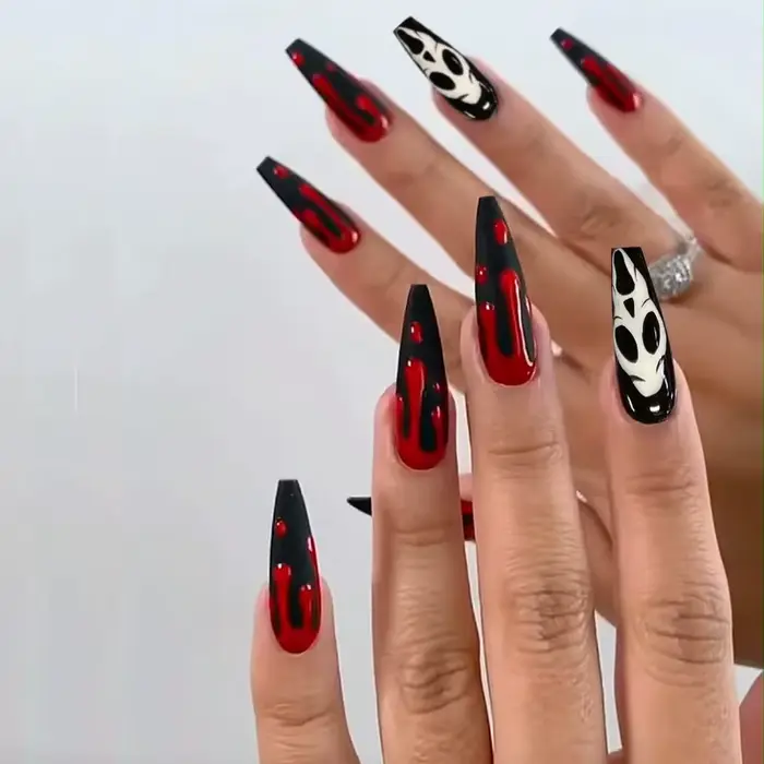 Faux-Ongles en Acrylique à Couverture Complète avec Poignées Amovibles, Cercueil, Fantôme Rouge, Nou