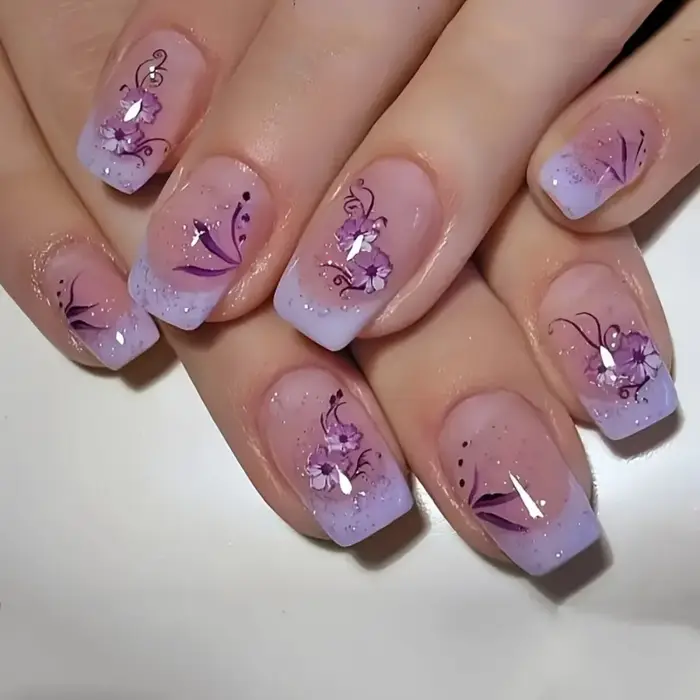 24 faux ongles autocollants brillants motif fleur violette