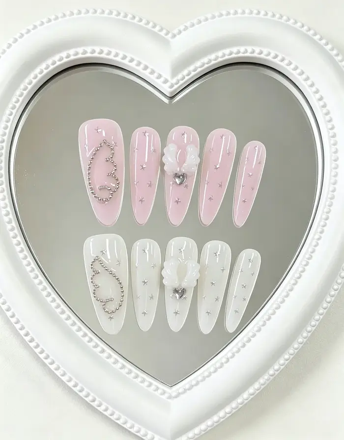 10 faux ongles longs en forme d'amande, doux et féériques, faits à la main, adaptés aux rendez-vous en couple, aux styles de demoiselles d'honneur de mariage, aux looks quotidiens décontractés, aux te