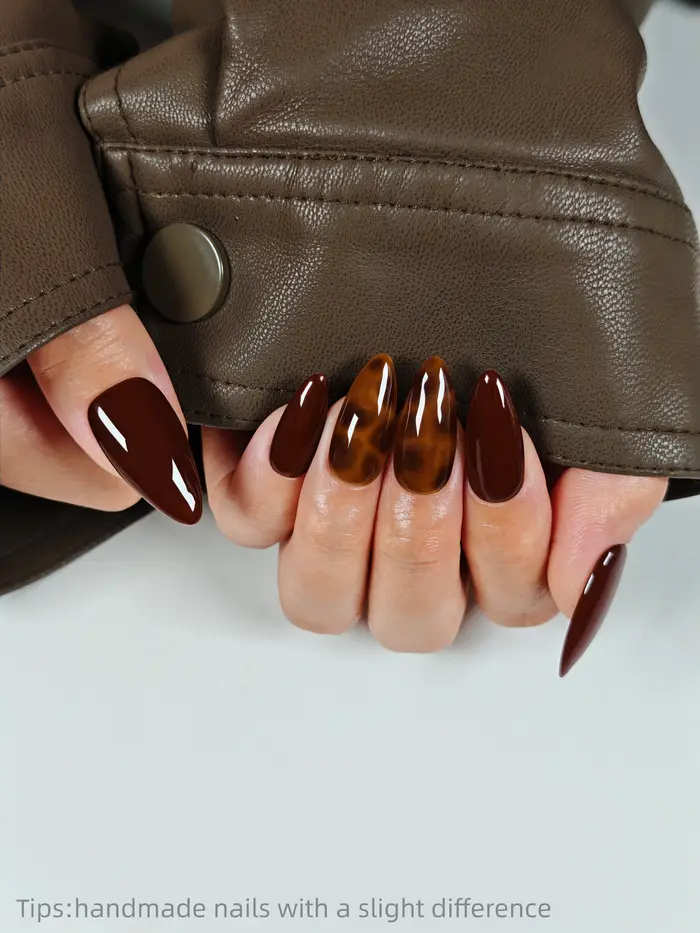 10 pièces à la main brun foncé écaille de tortue presse sur ongles amande longue portable réutilisable mode faux