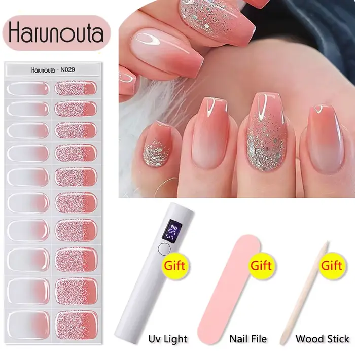 Harunouta 4 pièces/ensemble bandes d'ongles en Gel semi-durci avec sèche-ongles lime à ongles bâton en bois opale laiteuse brillant LED enveloppes durcies