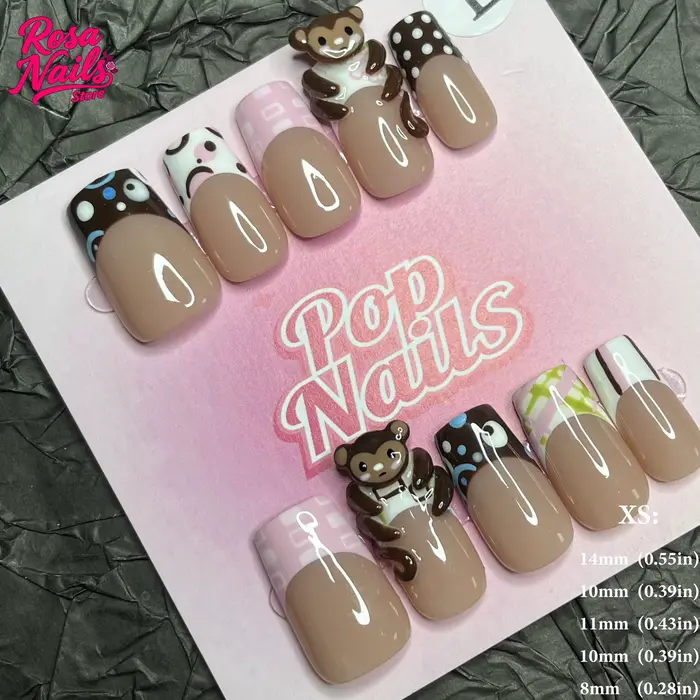 Singe ongles presse Ons ongles mignon carré épais acrylique Kawaii fait à la main ongles personnalis