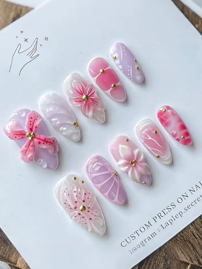 10 autocollants pour ongles en forme d'amande ombrée, décorations 3D fleurs et papillons, design art