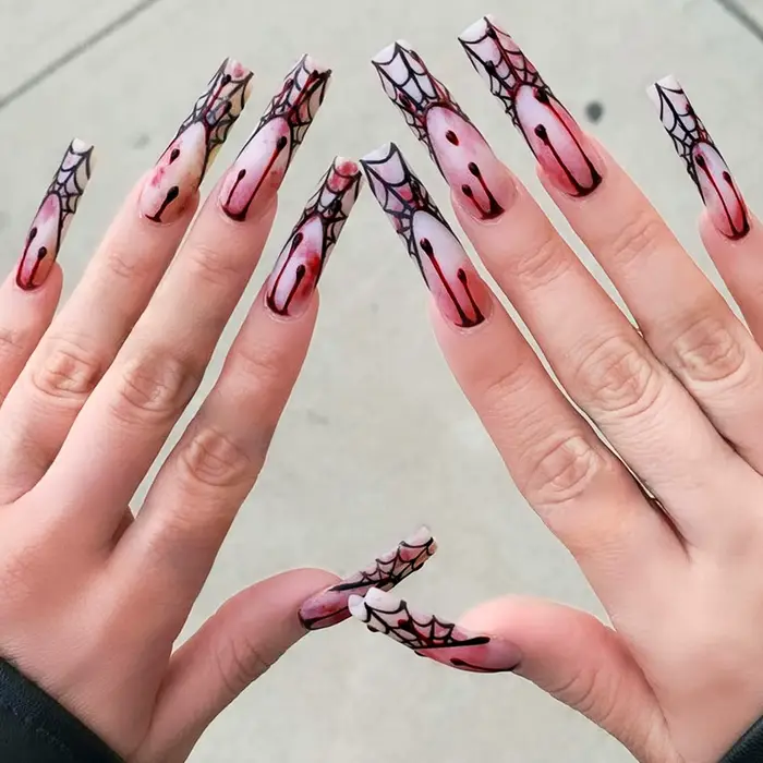Faux ongles européens pour Halloween, 24 pièces, gouttelettes de sang, longs pointes, portables, dét