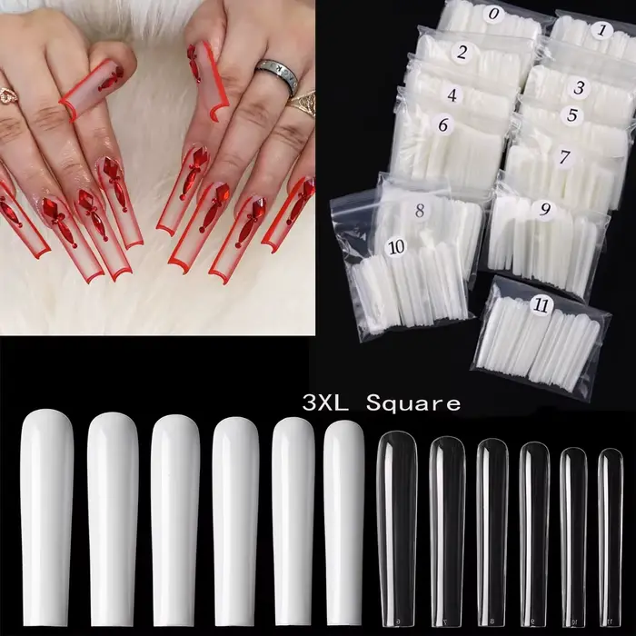 120 faux ongles carrés extra longs 3XL, en acrylique transparent, à presser, pour manucure