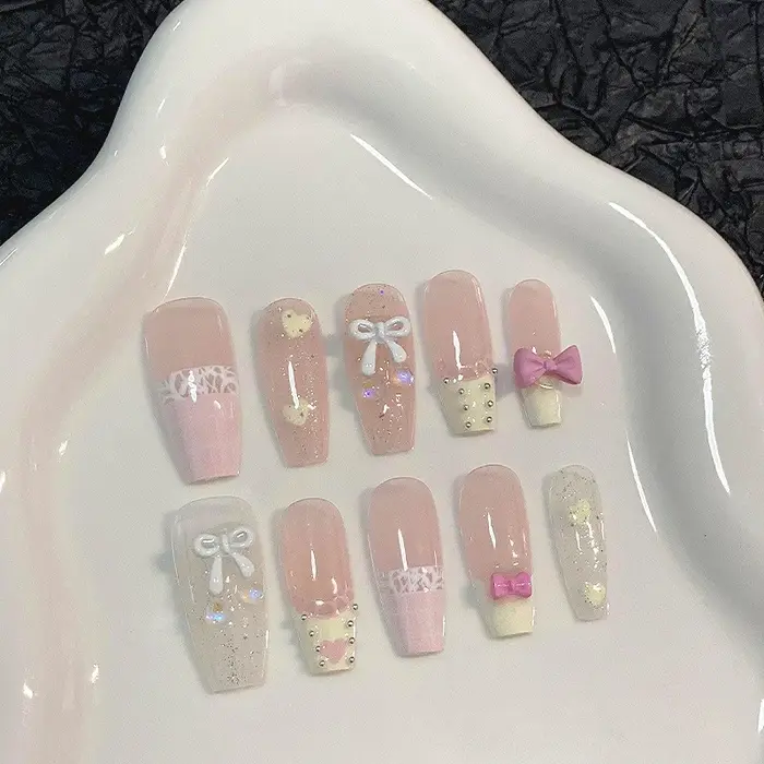 10 pièces brillant doux rose français à la main presse sur les ongles avec nœud papillon 3D mignon moyen cercueil faux