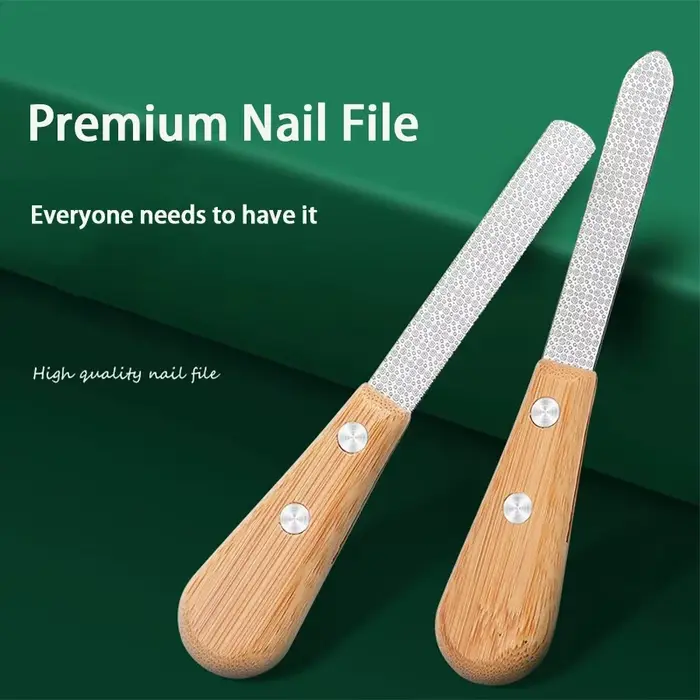 Lime à ongles Double face en acier inoxydable, avec poignée en bambou, outil de polissage des ongles