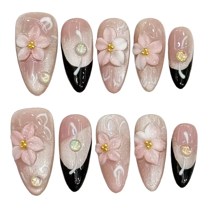 10 pièces 3D sculpture fleur de pêche presse sur ongles paillettes rose oeil de chat amande été à la