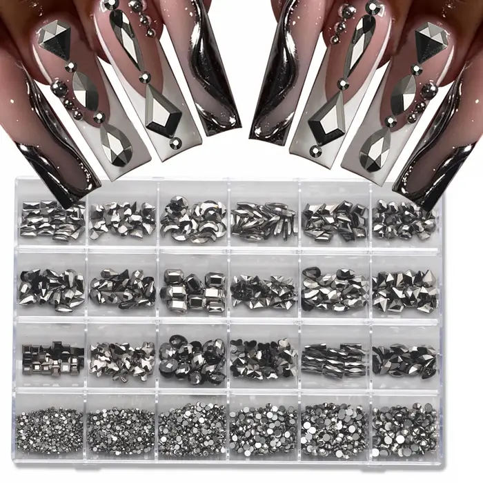 1 boîte de kits de diamants pour ongles 3D multi-formes-24 grilles de pierres précieuses en cristal AB