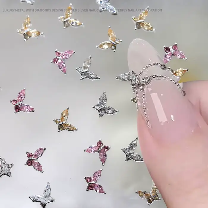 Mini breloques papillon en cristal pour Nail Art, diamant 3D, pièces de bijoux, rose, métal clair, m