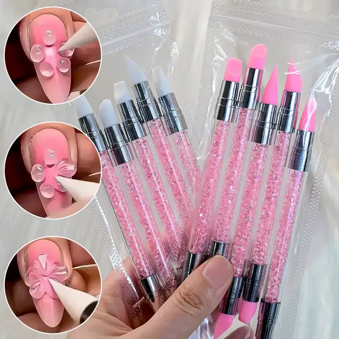Stylo de sculpture en silicone pour nail art, biscuits rose fini, fleur 3D carimplantée, outil de po