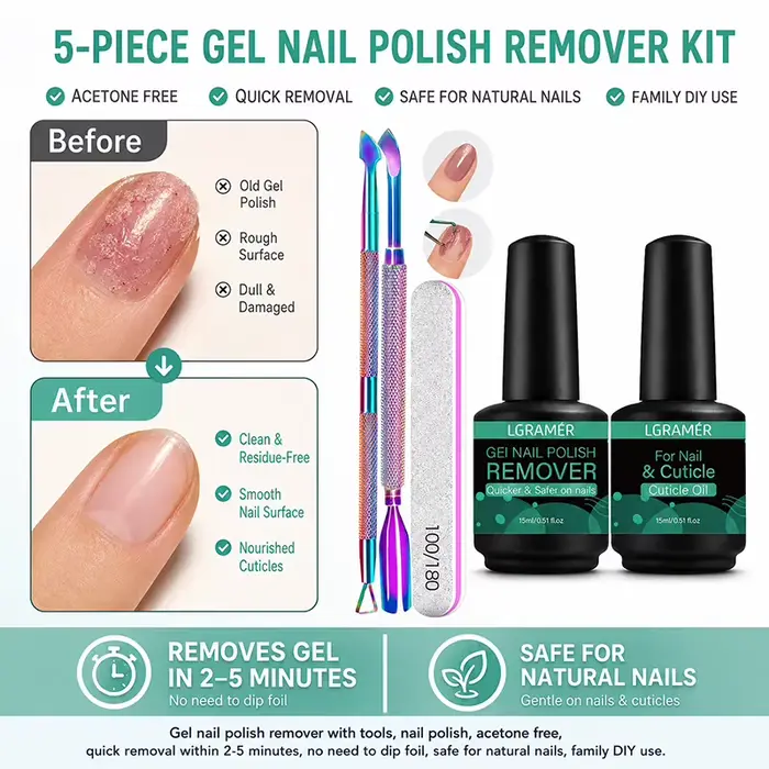 Kit de Soin des Cuticules et Dissolvant de Vernis Gel : Repousse-cuticules Métalliques Arc-en-ciel