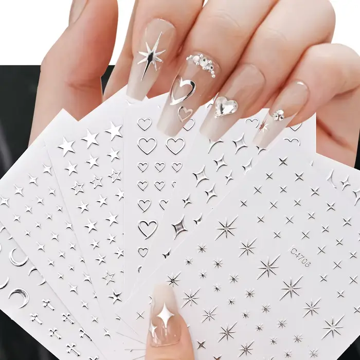 Autocollants pour ongles en métal argenté, 6 feuilles, étoiles métalliques 3D, autocollants pour Nai