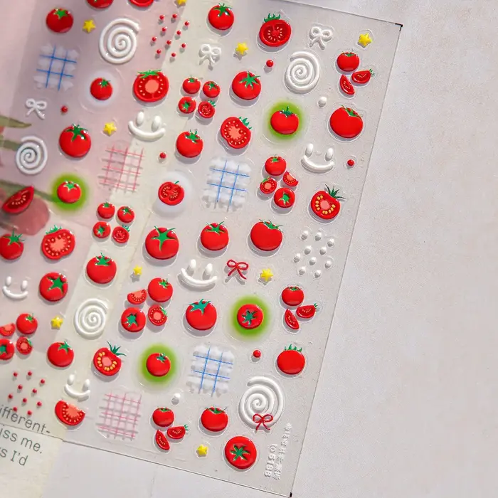 Autocollant 5D pour Nail Art, gelée de tomate, nœud papillon romantique, étoile scintillante, amusant, thème de fruits, décoration auto-adhésive, décalcomanie de manucure, DIY bricolage