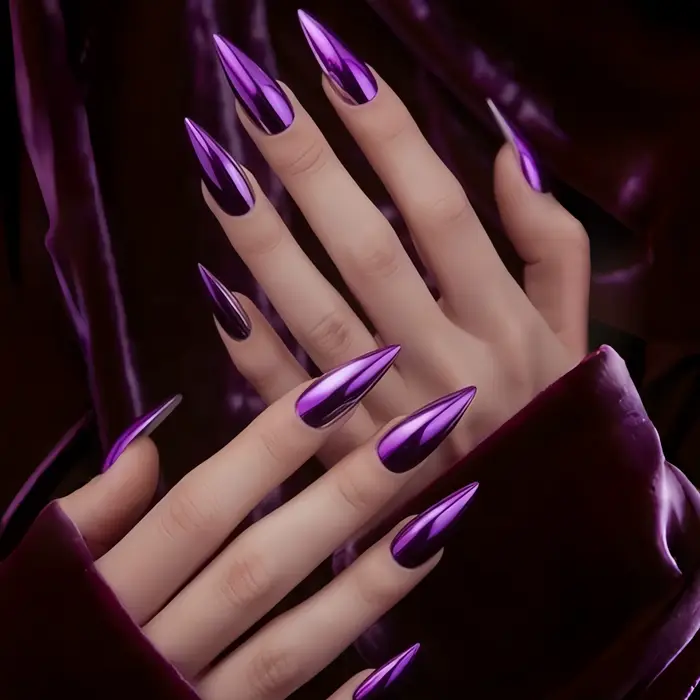 Faux ongles mi-longs pour femmes, brillants, plaqués holographiques, forme goutte d'eau, couleur vio