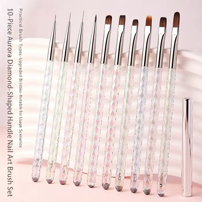 Lot de 10 pinceaux à ongles en acrylique transparent Aurora Rhombus