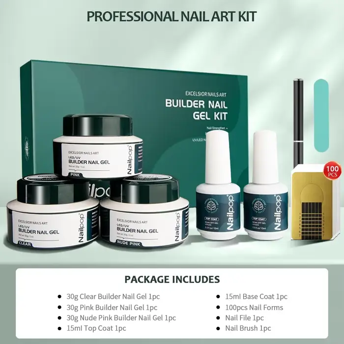 NAILPOP constructeur ongles Gel ensemble 3 couleurs de base Kit d'extension d'ongle clair nu rose renforcer Gel avec brosse 100 pièces formes d'ongles bricolage