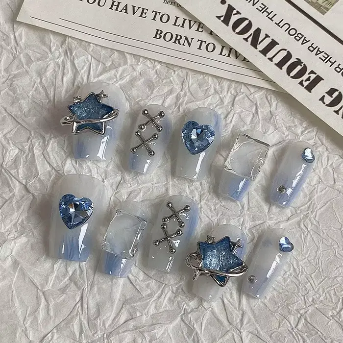 10 pièces Dreamy Blue Light Press - sur les ongles avec étoile
