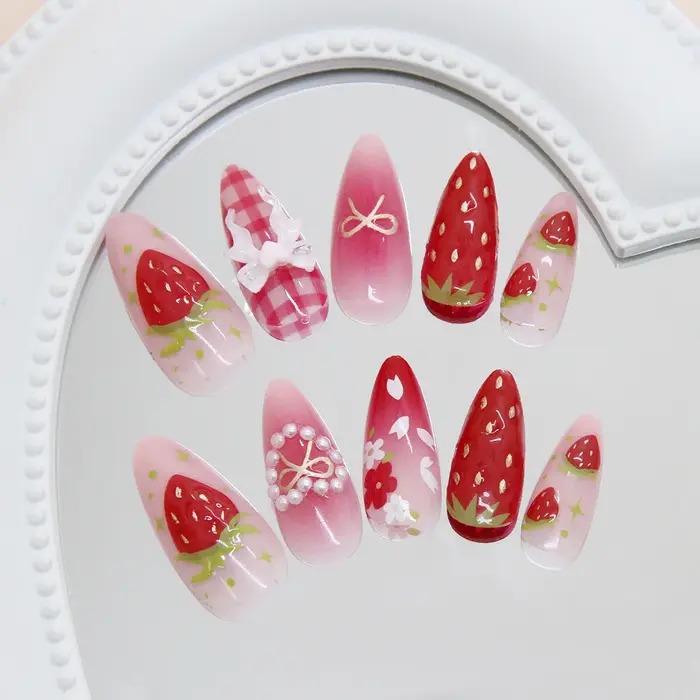 24 pièces Ins 3D nœuds papillon presse sur ongles doux fraise rose Plaid amande faux ongles avec coe