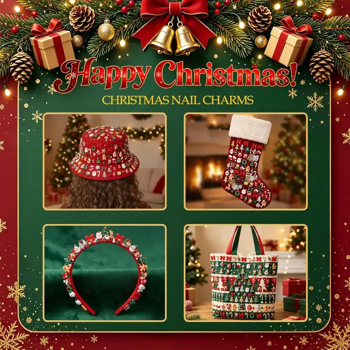 1 boîte de décorations créatives pour ongles en résine, motifs de rennes, de Père Noël, de gants, de nœuds, de chaussettes et de clochettes, pour la décoration des ongles de Noël DIY.