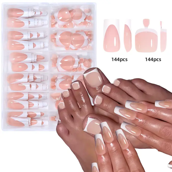 Ensemble d'ongles français pour les mains et les pieds, 144 pièces, court, carré, brillant, faux ong