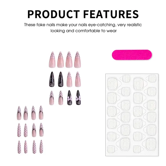24 faux ongles noirs à pois avec dentelle