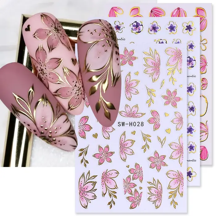 Autocollants pour ongles fleur d'hibiscus rose doré