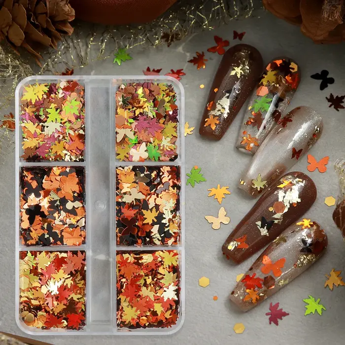 Paillettes pour ongles en forme de feuilles d'érable d'automne, feuilles d'automne, papillons, hexagones, accessoires pour nail art, décoration de manucure DIY