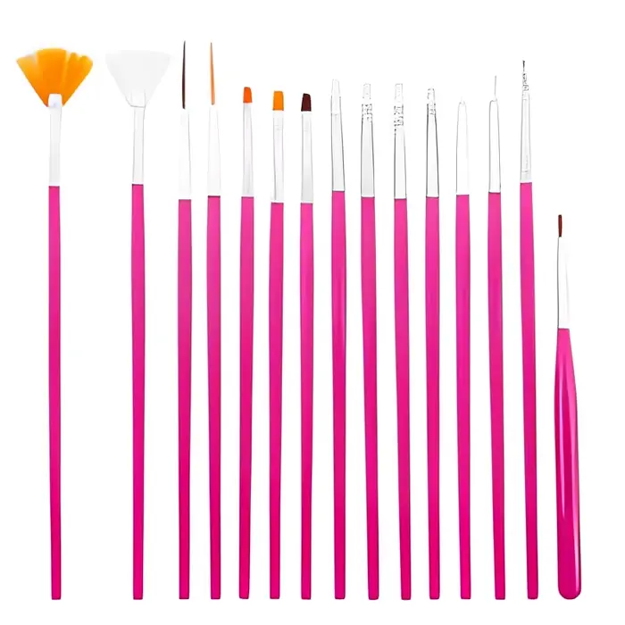 Ensemble de 15 pinceaux roses pour nail art, pinceaux de peinture pour nail art, outils de pinceaux 