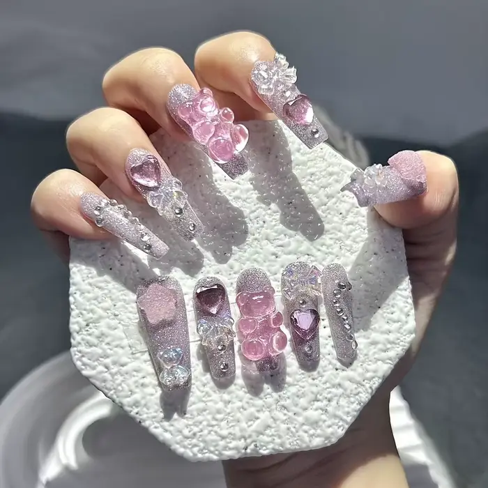Dessin animé mignon rose Smoothie Nail Art arc ours étoile Bling faux ongles